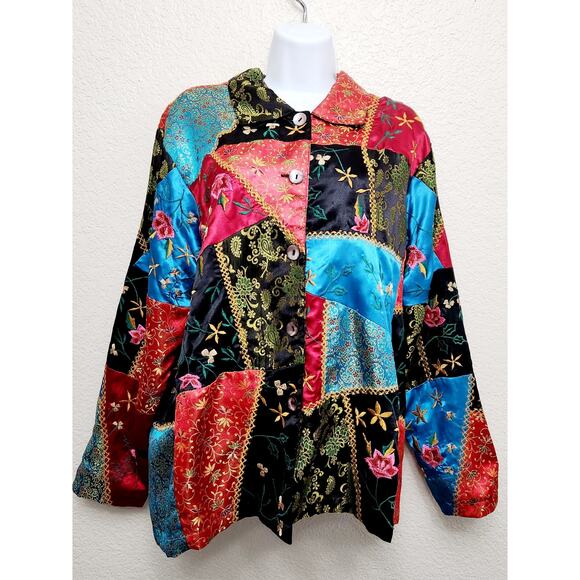 Vintage Coldwater Creek Multicolor Art To Wear Asian Floral Patchwork Jacket XL - Picture 1 of 4